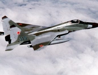 A Soviet Mikoyan-Gurevich MiG-29 aircraft over Alaska (USA) en route to an air show in British Columbia (Canada), on 1 August 1989.