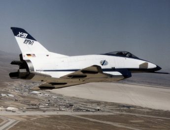 The first Rockwell-MBB X-31 (Bu. No. 164584) flies over Edwards Air Force Base, California, in 1993. Aircraft 584 completed 292 flights during the Enhanced Fighter Maneuverability (EFM) program before being lost on January 19, 1995 when icing in the nose probe caused the flight control computer to receive bad data. German test pilot Karl-Heinz Lang ejected after the aircraft became uncontrollable.