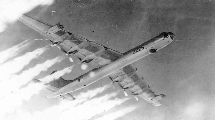11th Bombardment Wing Convair B-36J-5-CF Peacemaker (52-2225), 1955, showing "Six turnin', four burnin"