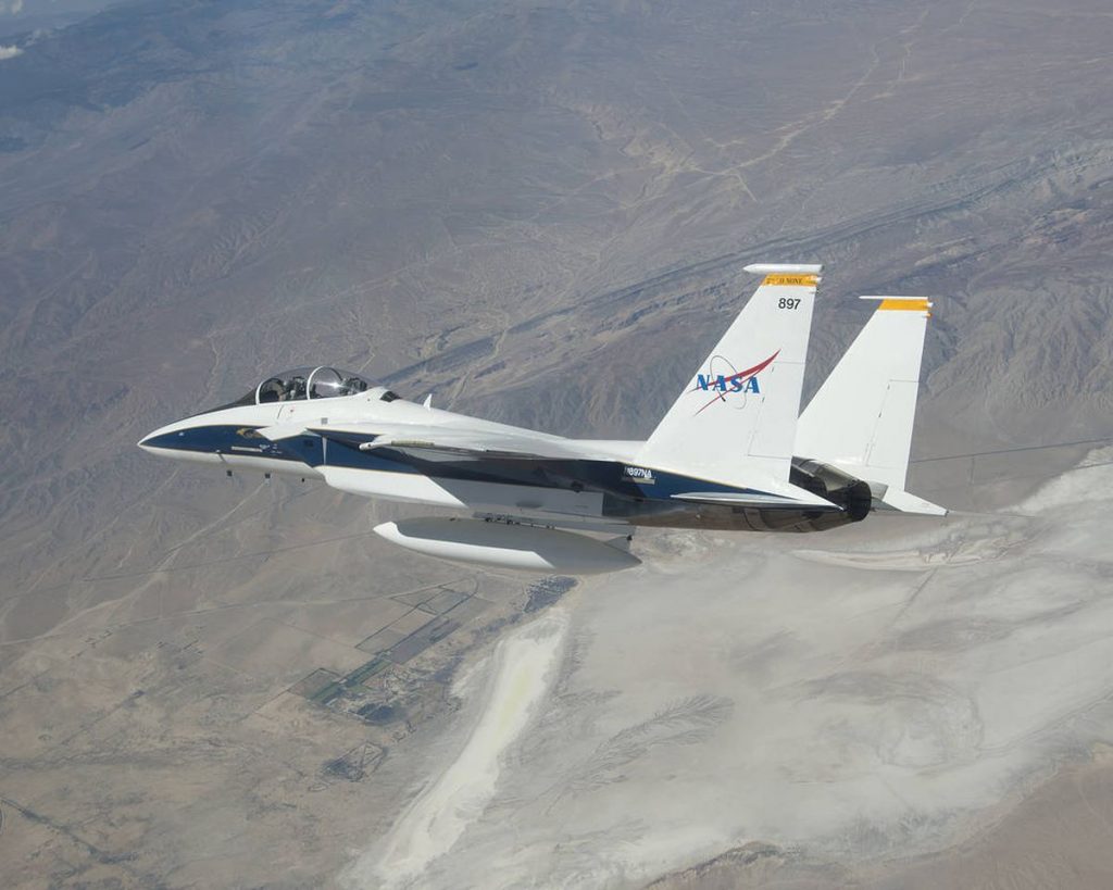  NASA photographer Jim Ross, flying with research pilot Nils Larson in  F-15D #884, took this photograph of F-15D #897 with Troy Asher on his  qualifying flight.   Photo  NASA / Jim Ross 