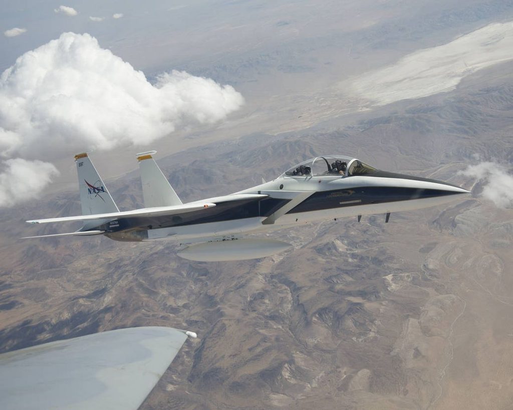 Armstrong Flight Research Center's F-15D #897 is seen here freshly  painted and sporting the new AFRC decal. NASA research pilot Troy Asher  flew this qualifying flight to get acquainted with the aircraft; Jim  Less flew as a backseater.  Photo  NASA / Jim Ross  