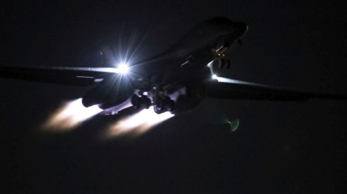 B-1B Lancer soars through the night sky above Nellis Air Force Base, Nev., during Red Flag 20