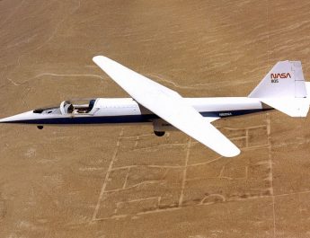 The AD-1 oblique wing research aircraft was photographed during a wing sweep test flight. The aircraft was flown 79 times during the research program conducted at NASA Dryden between 1979 and 1982.