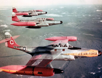 U.S. Air Force Northrop F-89D-45-NO Scorpion interceptors of the 59th Fighter Interceptor Squadrons, Goose Bay AB, Labrador (Canada), in the 1950s. 52-1959 in foreground, now in storage at Edwards AFB, California. Photo - USAF Museum